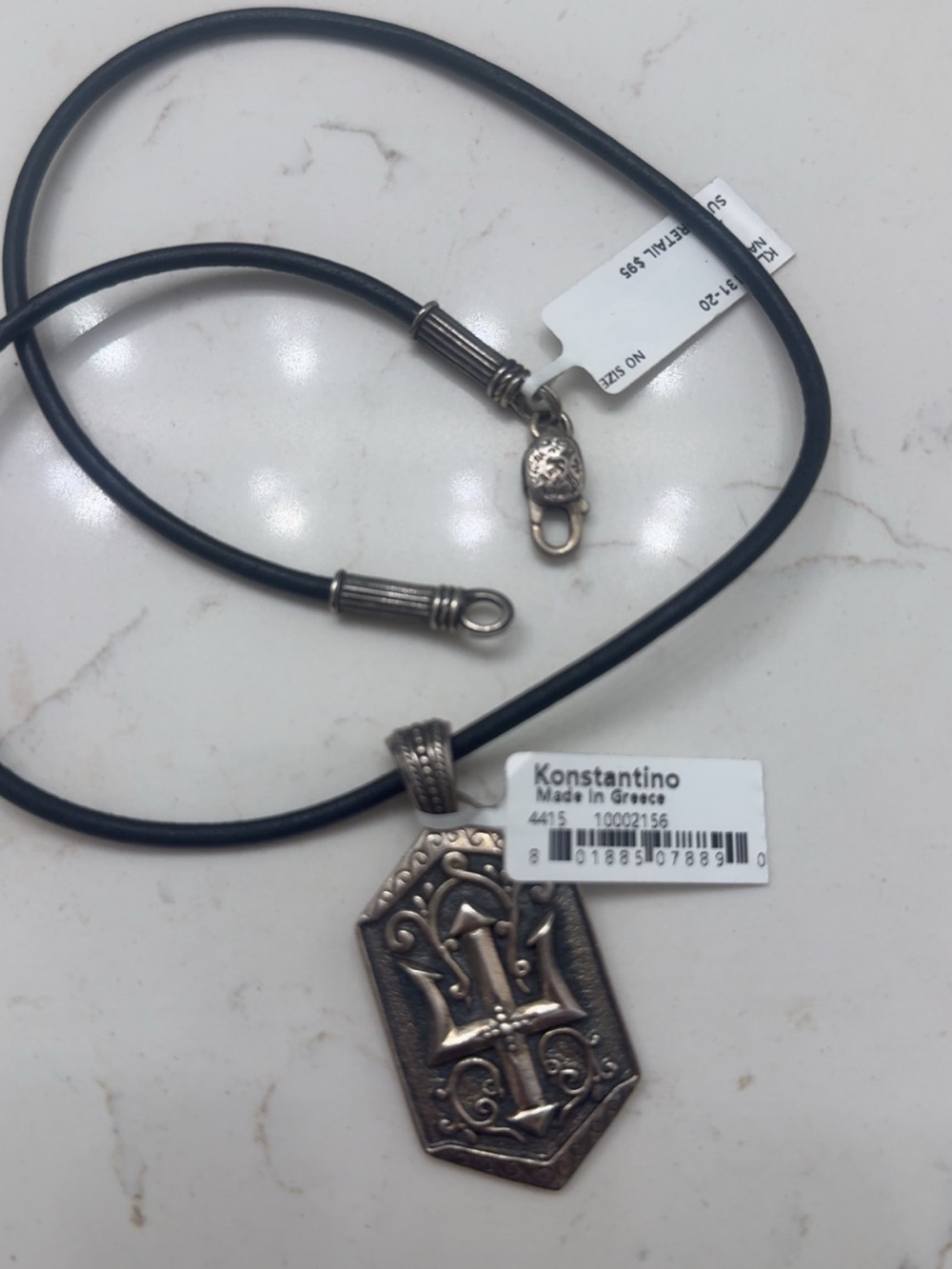 Konstantino Silver-Tone Engraved Hexagonal Pendant on Black Cord - Picture 2 of 2